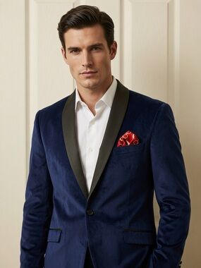 Mens Navy Velvet Tuxedo Blazer with Black Satin Lapel